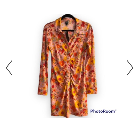 Wild Fable Long Sleeve Button-Front retro floral Knit Bodycon ruched dress - Picture 1 of 5